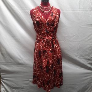 Ann Taylor Petite Red Black White Floral Leaf Print Silk Wrap V-Neck Dress 4P